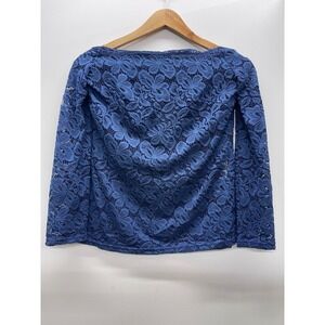DJT Womens Navy Blue Floral Lace Boat Neck Long Sleeve Blouse Top Small NWT